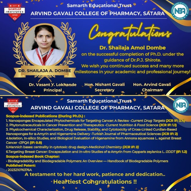 Congratulations to Dr. Shailaja Amol Dombe on successfful completion of Ph.D.